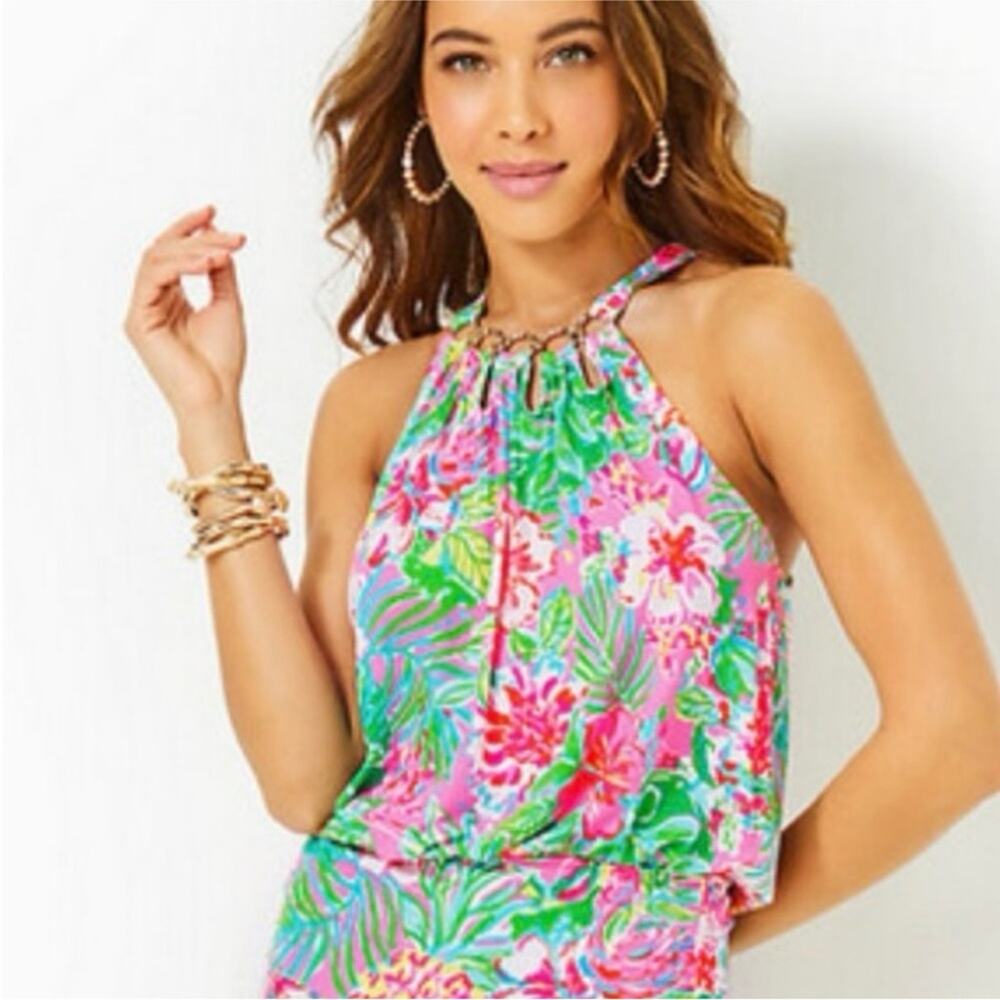 Lilly Pulitzer Journey to the Jungle Chain Pink Green Halter Top Sleeveless NWT